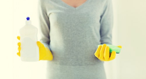 Cleaning professional checking product labels and safety precautions